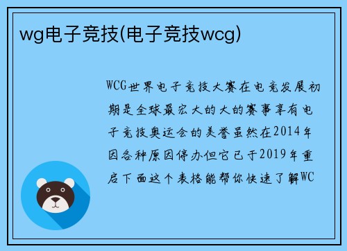 wg电子竞技(电子竞技wcg)